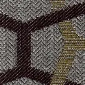 Woven fabric texture with diagonal stripes in dark brown, gray, and mustard yellow; geometric blocks and a feathered gray pattern; fabric code g 465 29.